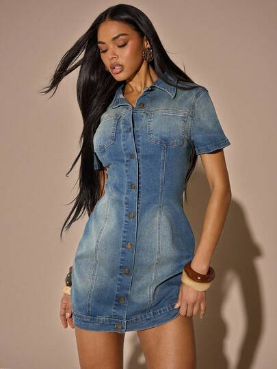 SHEIN BAE Vestido vaquero de manga corta casual de unicolor para mujer
