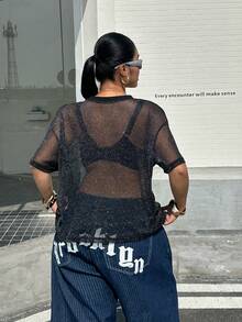 Muchica 大码女式休闲圆领短袖日常上衣 - 黑色 - 查看 2