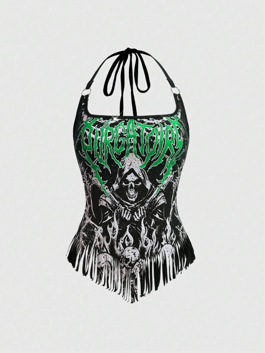 ROMWE Gothic Horror Skeleton Bone Print Fringe Crop Top - Black - View 1