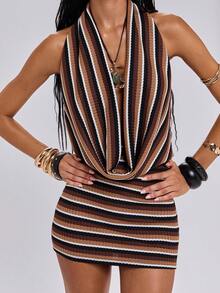 ROMWE Spring/Summer Y2K Sexy Vacation Knit Striped Hollow Deep Draped Neck Halter Dress - Brown - View 4
