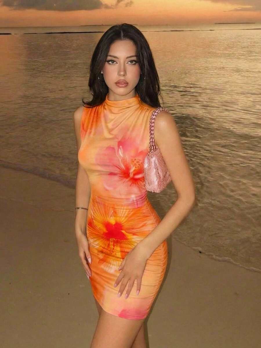 Firerie 优雅性感度假风橙色芙蓉夏威夷花卉印花褶皱紧身连衣裙，适合夏季、女士沙滩装、情人节穿着。