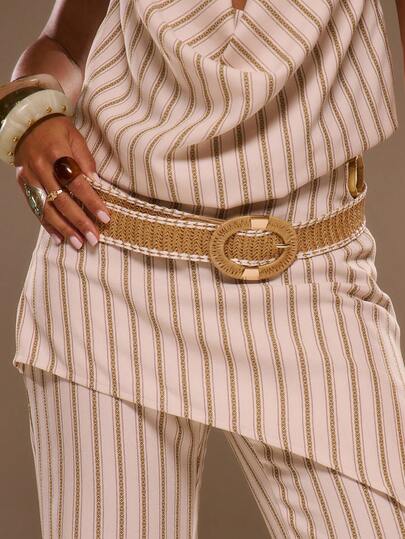 MUSERA Straw Woven Gold Buckle Detail Belt Spring Summer Beach Festival Vacation Cute Daily
