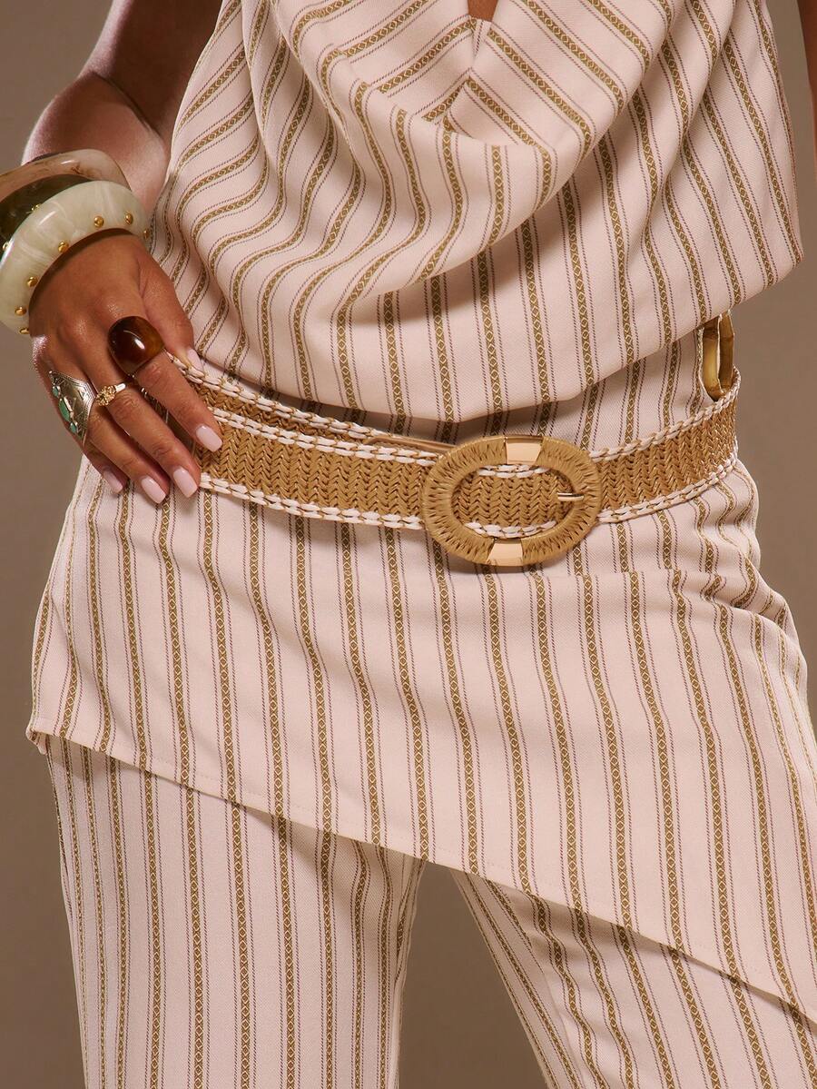 MUSERA Straw Woven Gold Buckle Detail Belt Spring Summer Beach Festival Vacation Cute Daily - Khaki - View 1