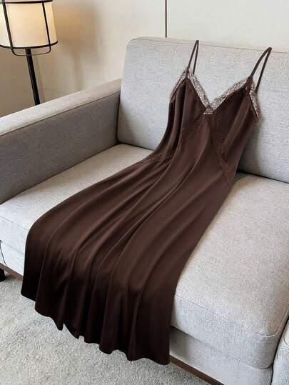 GlowEve CURVE 大码女士优雅简约棕色蕾丝边吊带连衣裙，春夏款