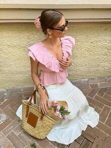 Serisse 女士V领褶皱休闲百搭日常衬衫 - 淺粉色 - 查看 5