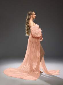 Cheriluna Maternity Maternity Off-Shoulder Lace Patchwork Open Slit Design Photoshoot Dress - Baby Pink - View 2