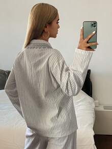 DAZY Lace Patchwork Silver Collar Loose Cardigan Long Sleeve Top & Straight Leg Long Pants Women Pajama Set - White - View 2