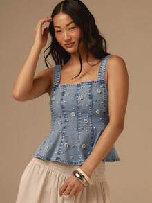 COSMINA Denim 女士优雅珍珠装饰无袖牛仔衬衫，夏季款，珍珠刺绣工艺，精致设计，女士夏季牛仔上衣，女士夏季搭配，街头风单品，蓝色牛仔女式上衣 - 藍色 - 查看 4