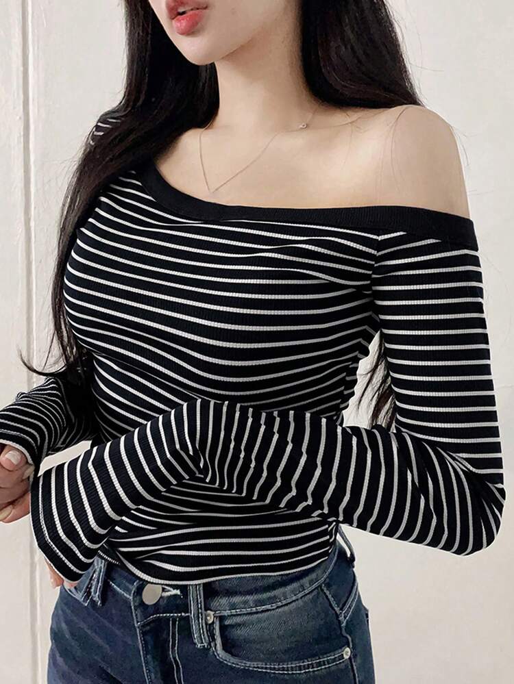 Sexy Asymmetric Single Shoulder Vintage Striped Slim Fit Long Sleeve T-Shirt, Women's Undershirt
