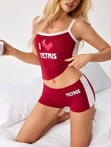 Tetris™ X SHEIN 女士舒适字母印花吊带背心短裤睡衣套装，夏季 - 紅白色 - 查看 8