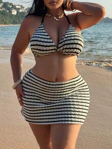 Swim  Set de bikini de 3 piezas con estampado aleatorio y cordón para mujer talla grande - Blanco y Negro - Ver 5