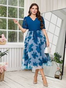 Reflora Plus Size Women Floral Contrast Lace Short Sleeve V-Neck A-Line Midi Dress, Sky Blue Summer Elegant Flower Gown For Wedding Guest Party Prom - Blue - View 8