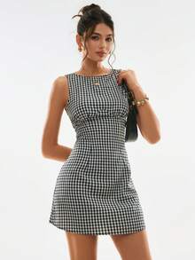 Poéselle 女士夏季休闲格子露背无袖迷你连衣裙 - 黑與白 - 查看 4
