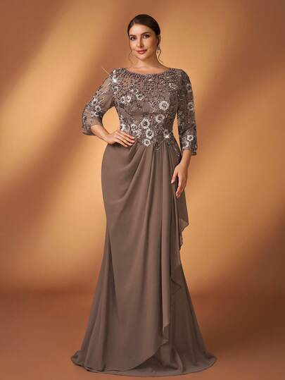 Serin Plus Size Elegant Romantic Round Neck 3/4 Sleeve Waist Applique Ruffle Hem Luxury Embroidered Chiffon Dress, Suitable For Wedding, Party, Formal Evening, Mother Of The Bride Gown