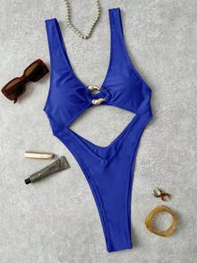 Costavie Áo tắm một mảnh màu trơn, dây đeo dày, khoét ngực, kiểu dáng thời trang độc đáo, gợi cảm, thích hợp cho kỳ nghỉ. - Xanh đậm - Xem 8