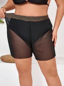 SHEIN CURVE+ Summer Beach Plus Contrast Tape Mesh Cover Up Shorts, Beach For Woman,Plus Size For Woman - Black - View 3