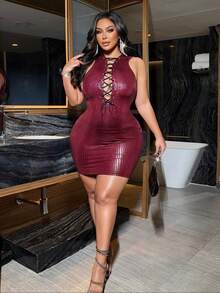 NU&NOW 大码女式性感针织鳄鱼纹高弹面料连衣裙，金属孔眼，胸前镂空系带设计，蝴蝶结，修身迷你连衣裙，百搭款式，适合派对、约会、新年、情人节、郊游、音乐节、海滩度假等场合，时尚必备单品。 - 酒紅色 - 查看 5