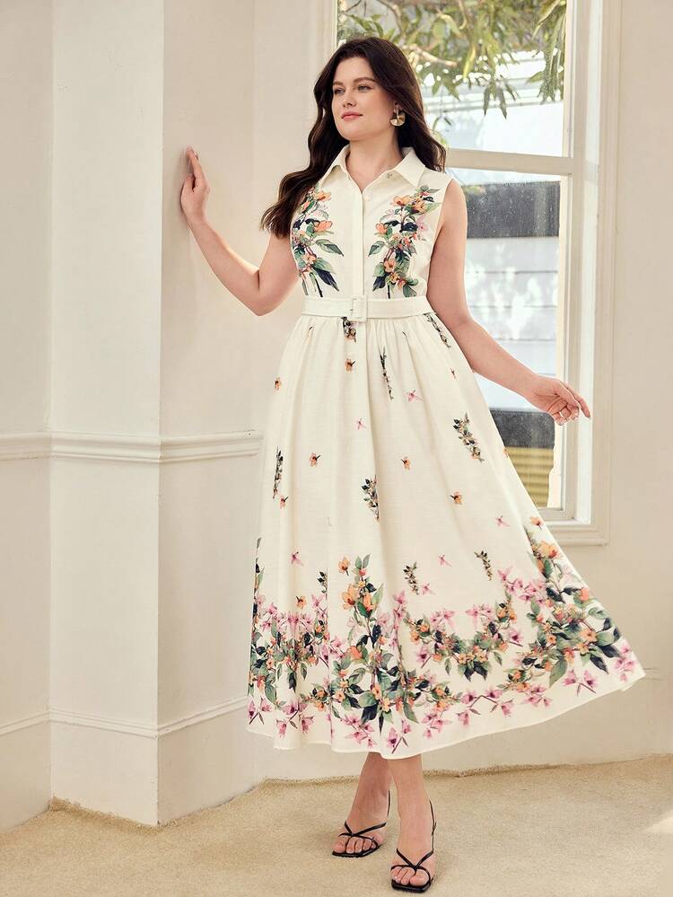 PLUS SIZE WOMEN'S FLORAL PRINT BELTED DRESS, SPRING/SUMMER