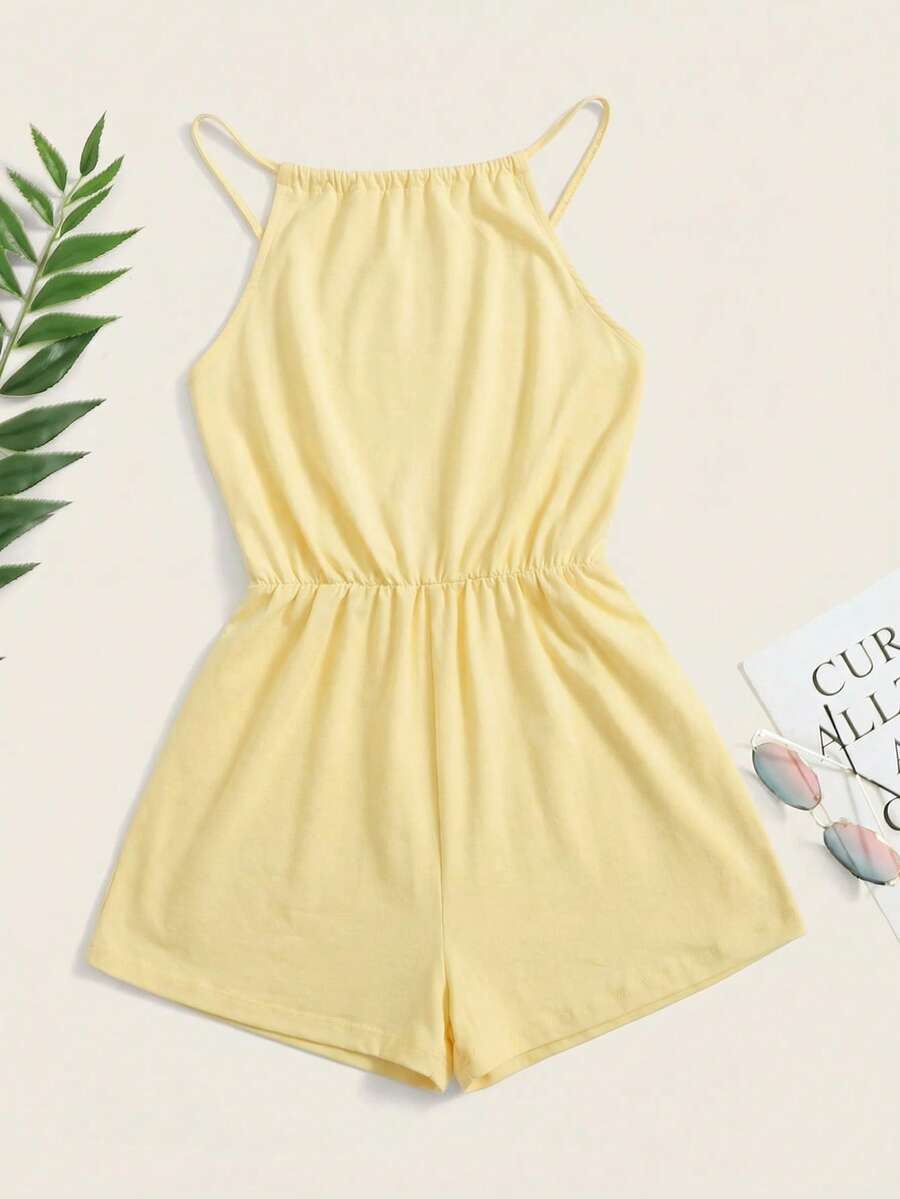 SHEIN EZwear 夏季纯色黑色宽松休闲吊带连体裤,女士短款夏季连体裤,休闲连体裤,黄色连体裤,春季连体裤,女士度假套装,女士连体裤,夏季女士套装,女士夏季服装,女士连体裤 - 鵝黃色 - 查看 1
