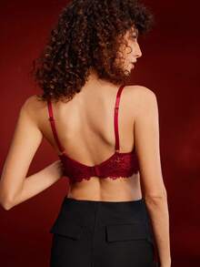 1pc Wine Red Women's Lace Trim Underwire Bra - Burgundy - View 2