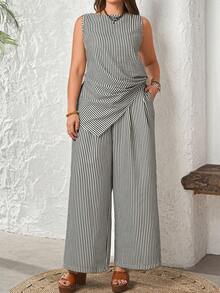 Rosumi 2pc Set Plus Size Women's Summer Elegant Vacation Black And White Striped Sleeveless Asymmetrical Tank Top And Wide Leg Pants,Smart Casual Boho Set - Multicolor - View 8