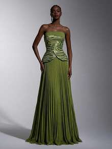 Elitara 优雅的草绿色奢华3D亮片无肩带上衣，高腰显瘦二合一设计（不含挂脖或垂褶细节，图片仅供参考）。厚实的雪纺褶皱A字裙，后背可调节。适合约会、度假、单身派对、婚礼、商务晚宴、毕业/返校季、旅行以及所有正式场合。女士晚礼服。 - 草綠色 - 查看 8