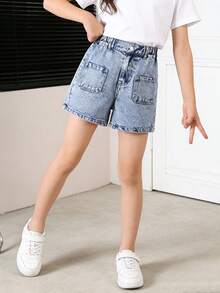 Celana Pendek Denim Retro untuk Anak Perempuan Remaja, Biru Muda, Kasual Musim Panas, Sekolah, Lembut, Longgar, Potongan Lurus, Desain Dua Saku di Depan, Nyaman untuk Pakaian Luar Sehari-hari - Medium Wash - View 8