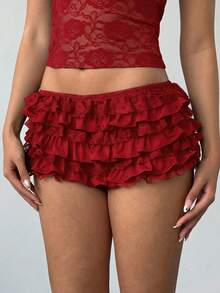 Aloruh Women's New Sexy Lace Solid Black Ruffle Hem Low Waist Shorts Hotpants - Red - View 3