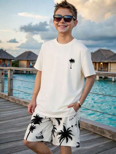 SHEIN 青少年男童度假T恤和运动短裤套装，棕榈印花，带口袋细节，男童热带风情套装，男童夏季套装，印花度假服，男童沙滩套装