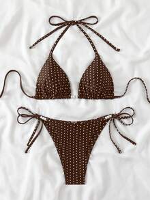 Swim Basics 女士性感两件套波点随机印花挂脖系带珍珠装饰比基尼套装，夏季 - 咖啡棕 - 查看 3