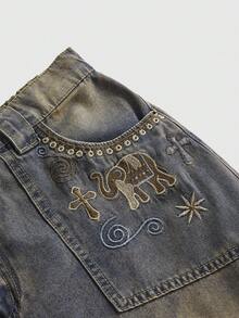 ROMWE Hippie Bohemian Floral Embroidered Plus Size Vintage Washed Bodycon Mermaid Denim Mini Skirt - Blue - View 3