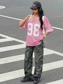 SHEIN Teen Girls' V-Neck Pink Summer Y2K Holiday Jersey Streetwear,Oversized Number Graphic Baseball T-Shirt,Loose Contrast Color Short Sleeve Sports Tops - Pink - View 3