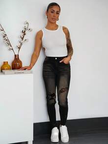 SAYEHFBABY 女士夏季圆领露背镂空修身短款休闲性感吊带背心 Y2k - 白色 - 查看 1