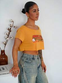 SAYEHFBABY 女士夏季字母印花不对称领短款休闲 T 恤 - 黃色 - 查看 6