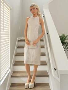 Sydney Algeri 女士法式浪漫西西里优雅休闲通勤度假下午茶圣诞派对奢华亮片圆领无袖修身中长连衣裙，春/秋/冬 - 香檳色 - 查看 1