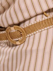 MUSERA Straw Woven Gold Buckle Detail Belt Spring Summer Beach Festival Vacation Cute Daily - Khaki - View 2