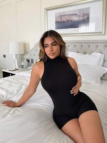 Maria Perezxox Mono de una pieza con cuello alto y espalda abierta, de unicolor y sexy, para Año Nuevo y vacaciones - Negro - Ver 4