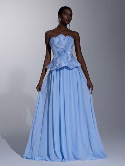 Elitara Đầm maxi chiffon sang trọng, thanh lịch với chất liệu lưới thêu, thiết kế hở vai, xếp ly ở eo, có gọng định hình và viền đính sequin, thích hợp cho tiệc tối trang trọng của nữ.