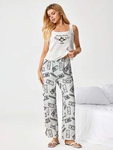 MONOPOLY X SHEIN Women's Cartoon Print Camisole And Striped Dollar Bill Pattern Lounge Pants Set - Green - View 3