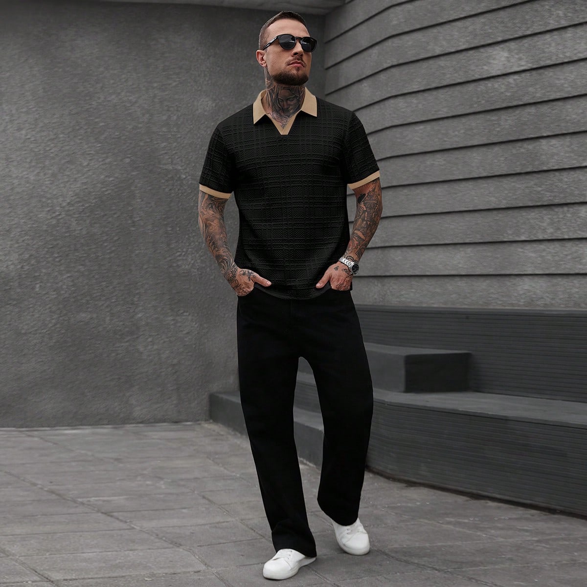 Polo de manga corta casual con ribete de contraste para hombre, verano