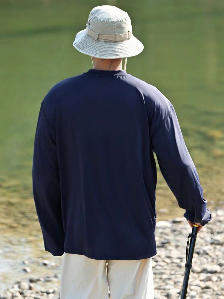 Spring Letter Print Navy Blue Long Sleeve T-Shirt For Men