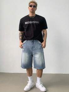 DAZY Men's Solid Color Washed Vintage Blue Denim Shorts, Summer - Blue - View 5