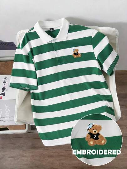 Manfinity Joysei Men's Casual Green & White Striped Polo Shirt With Teddy Bear Embroidery Design, Suitable For School, Outing, And Friend Gifts