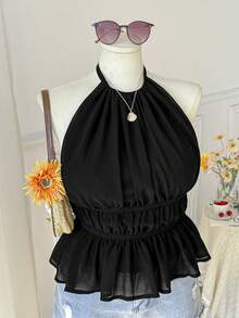 Comfortcana 加大码黑色褶皱抽绳露背休闲度假吊带上衣，春夏款 - 黑色 - 查看 7