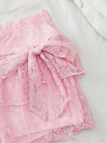 Roelina Women's Lace Sheer Splice Halter Tie Blouse And Mini Skirt Sexy 2-Piece Set For Date/Party - Pink - View 7