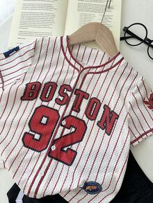 2pcs/Set Young Boy Knit Striped Letter & Number Graphic Casual Shirt And Shorts Set - Multicolor - View 8