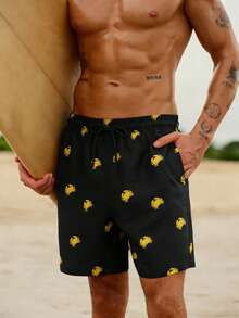 Manfinity Swimmode 男士螃蟹印花斜插口袋抽绳腰休闲沙滩短裤 - 彩色 - 查看 3