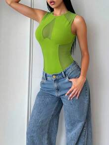SHEIN SXY Mesh Patchwork Sleeveless Sexy Bodysuit - Green - View 4