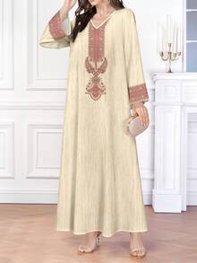 Al Najma Cashew Flower Geometric Pattern Print Textured V-Neck Women's Long Sleeve Maxi Dress, Elegant Arabic Style Outfit, Spring/Summer - Multicolor - View 3