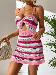 SHEIN Swim 休闲度假沙滩条纹多功能罩衫连衣裙，打结荷叶边下摆性感镂空纹理设计，春夏款 - 粉色 - 查看 6
